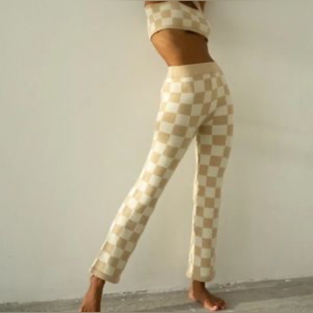 Belle the Label Cream & Tan Checkered Pants | Sz M